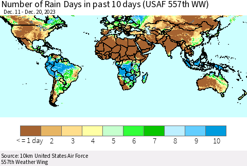 World Number of Rain Days in past 10 days (USAF 557th WW) Thematic Map For 12/16/2023 - 12/20/2023