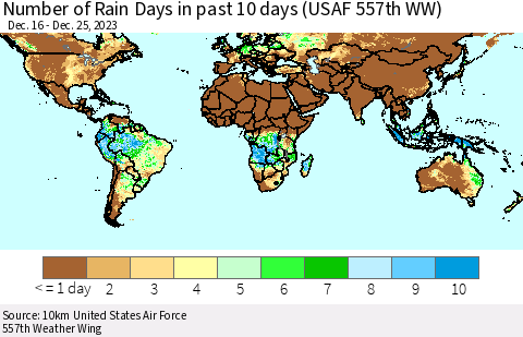 World Number of Rain Days in past 10 days (USAF 557th WW) Thematic Map For 12/21/2023 - 12/25/2023