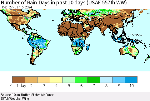 World Number of Rain Days in past 10 days (USAF 557th WW) Thematic Map For 1/1/2024 - 1/5/2024