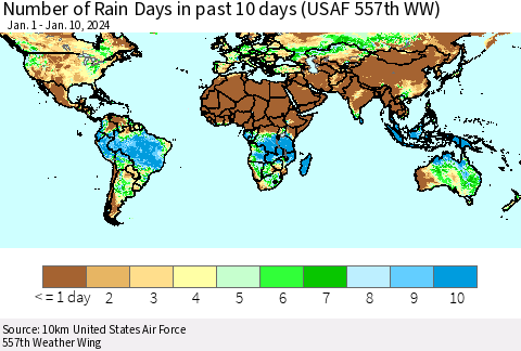 World Number of Rain Days in past 10 days (USAF 557th WW) Thematic Map For 1/6/2024 - 1/10/2024