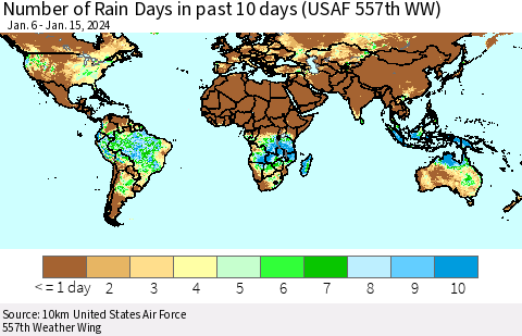 World Number of Rain Days in past 10 days (USAF 557th WW) Thematic Map For 1/11/2024 - 1/15/2024