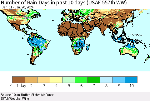 World Number of Rain Days in past 10 days (USAF 557th WW) Thematic Map For 1/16/2024 - 1/20/2024