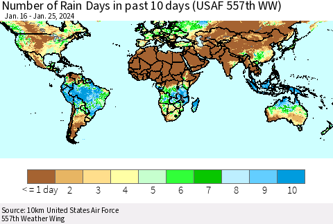 World Number of Rain Days in past 10 days (USAF 557th WW) Thematic Map For 1/21/2024 - 1/25/2024