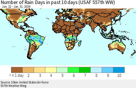 World Number of Rain Days in past 10 days (USAF 557th WW) Thematic Map For 1/26/2024 - 1/31/2024
