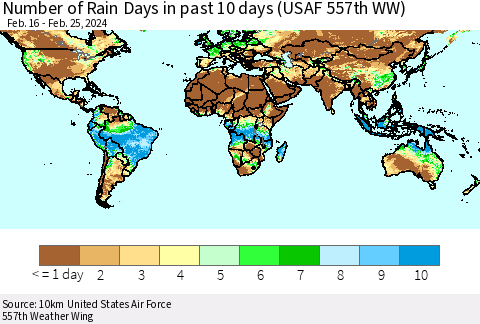 World Number of Rain Days in past 10 days (USAF 557th WW) Thematic Map For 2/21/2024 - 2/25/2024