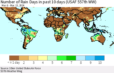 World Number of Rain Days in past 10 days (USAF 557th WW) Thematic Map For 3/11/2024 - 3/15/2024