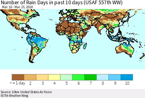 World Number of Rain Days in past 10 days (USAF 557th WW) Thematic Map For 3/21/2024 - 3/25/2024