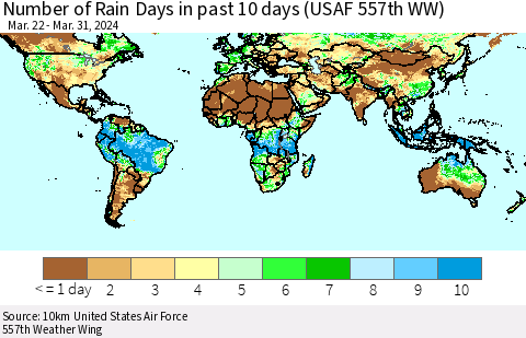 World Number of Rain Days in past 10 days (USAF 557th WW) Thematic Map For 3/26/2024 - 3/31/2024