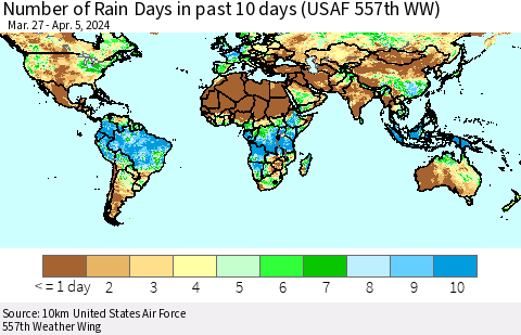 World Number of Rain Days in past 10 days (USAF 557th WW) Thematic Map For 4/1/2024 - 4/5/2024
