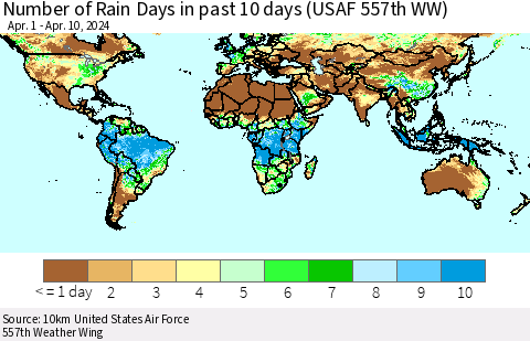 World Number of Rain Days in past 10 days (USAF 557th WW) Thematic Map For 4/6/2024 - 4/10/2024