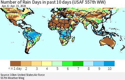 World Number of Rain Days in past 10 days (USAF 557th WW) Thematic Map For 4/11/2024 - 4/15/2024