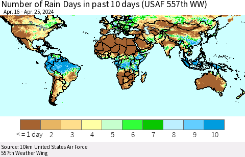 World Number of Rain Days in past 10 days (USAF 557th WW) Thematic Map For 4/21/2024 - 4/25/2024