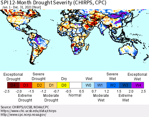 World SPI 12-Month Drought Severity (CHIRPS) Thematic Map For 1/1/2021 - 12/31/2021