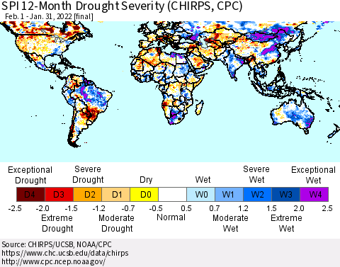 World SPI 12-Month Drought Severity (CHIRPS) Thematic Map For 2/1/2021 - 1/31/2022