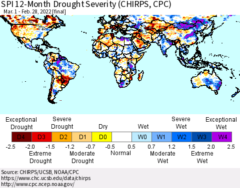 World SPI 12-Month Drought Severity (CHIRPS) Thematic Map For 3/1/2021 - 2/28/2022