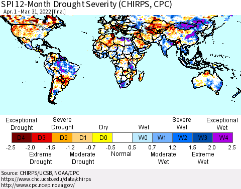 World SPI 12-Month Drought Severity (CHIRPS) Thematic Map For 4/1/2021 - 3/31/2022
