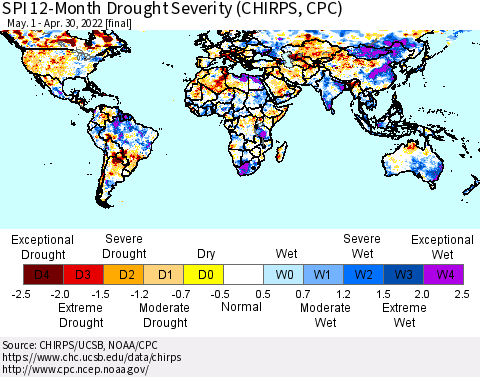 World SPI 12-Month Drought Severity (CHIRPS) Thematic Map For 5/1/2021 - 4/30/2022