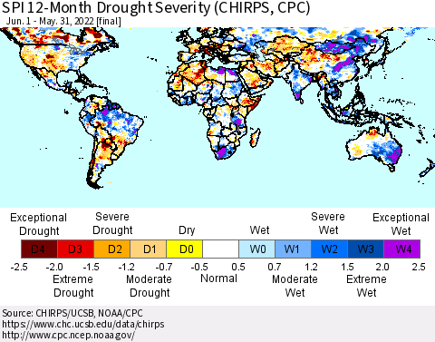 World SPI 12-Month Drought Severity (CHIRPS) Thematic Map For 6/1/2021 - 5/31/2022
