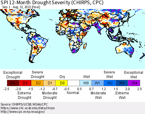 World SPI 12-Month Drought Severity (CHIRPS) Thematic Map For 9/1/2021 - 8/31/2022