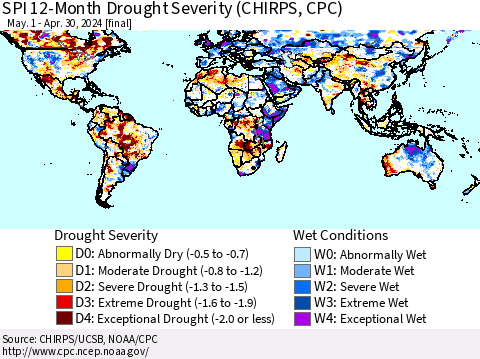 World SPI 12-Month Drought Severity (CHIRPS) Thematic Map For 5/1/2023 - 4/30/2024