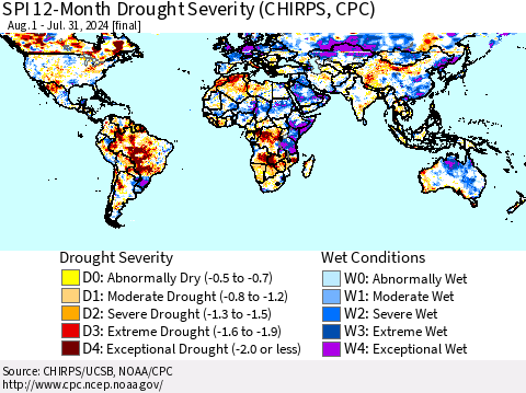 World SPI 12-Month Drought Severity (CHIRPS) Thematic Map For 8/1/2023 - 7/31/2024