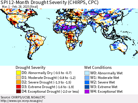 World SPI 12-Month Drought Severity (CHIRPS) Thematic Map For 3/1/2024 - 2/28/2025