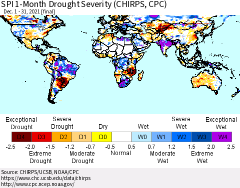 World SPI 1-Month Drought Severity (CHIRPS) Thematic Map For 12/1/2021 - 12/31/2021