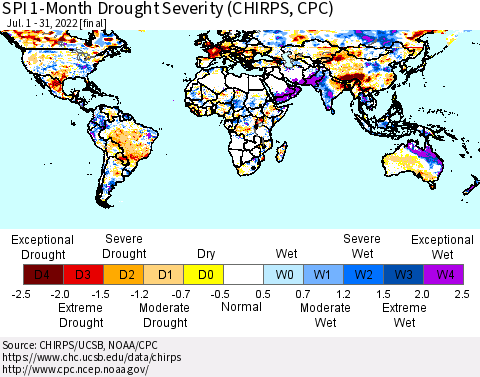 World SPI 1-Month Drought Severity (CHIRPS) Thematic Map For 7/1/2022 - 7/31/2022