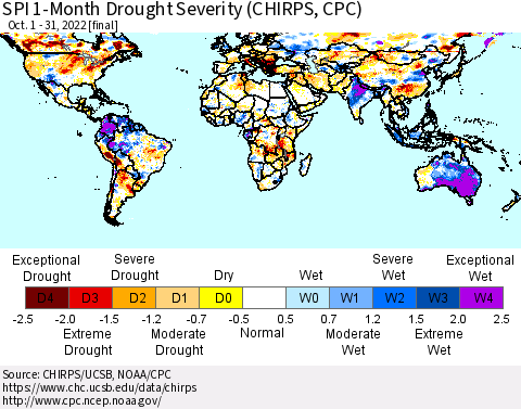 World SPI 1-Month Drought Severity (CHIRPS) Thematic Map For 10/1/2022 - 10/31/2022
