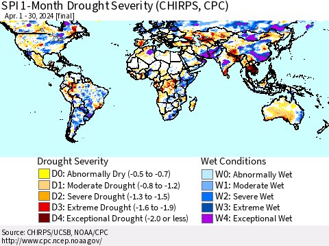 World SPI 1-Month Drought Severity (CHIRPS) Thematic Map For 4/1/2024 - 4/30/2024