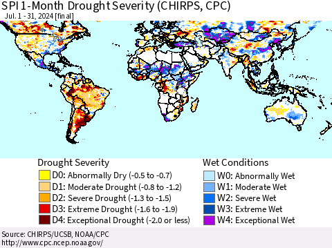 World SPI 1-Month Drought Severity (CHIRPS) Thematic Map For 7/1/2024 - 7/31/2024