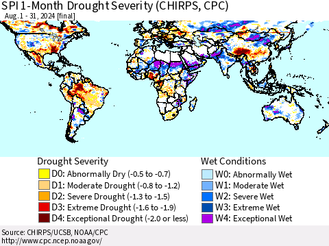 World SPI 1-Month Drought Severity (CHIRPS) Thematic Map For 8/1/2024 - 8/31/2024
