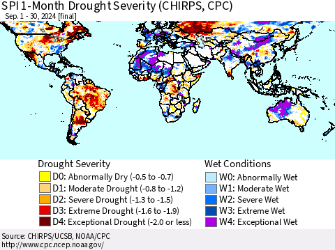 World SPI 1-Month Drought Severity (CHIRPS) Thematic Map For 9/1/2024 - 9/30/2024