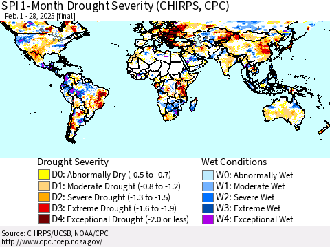 World SPI 1-Month Drought Severity (CHIRPS) Thematic Map For 2/1/2025 - 2/28/2025