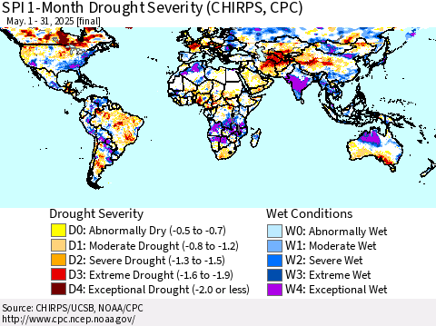 World SPI 1-Month Drought Severity (CHIRPS) Thematic Map For 5/1/2025 - 5/31/2025