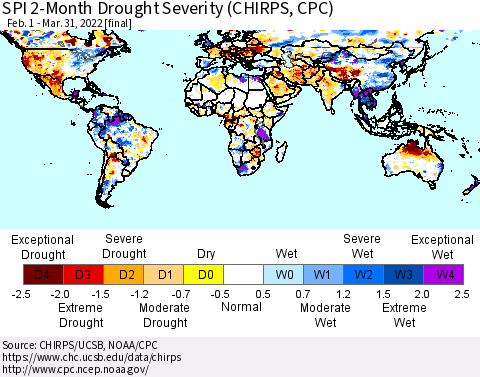 World SPI 2-Month Drought Severity (CHIRPS) Thematic Map For 2/1/2022 - 3/31/2022