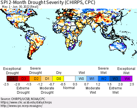 World SPI 2-Month Drought Severity (CHIRPS) Thematic Map For 5/1/2022 - 6/30/2022