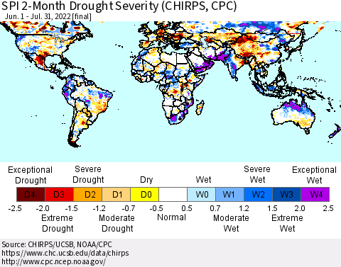 World SPI 2-Month Drought Severity (CHIRPS) Thematic Map For 6/1/2022 - 7/31/2022