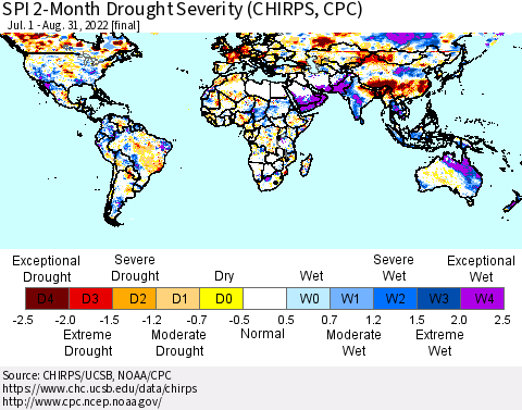 World SPI 2-Month Drought Severity (CHIRPS) Thematic Map For 7/1/2022 - 8/31/2022