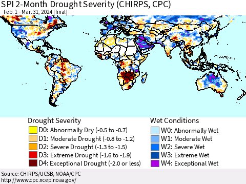 World SPI 2-Month Drought Severity (CHIRPS) Thematic Map For 2/1/2024 - 3/31/2024