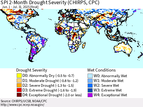World SPI 2-Month Drought Severity (CHIRPS) Thematic Map For 6/1/2025 - 7/31/2025
