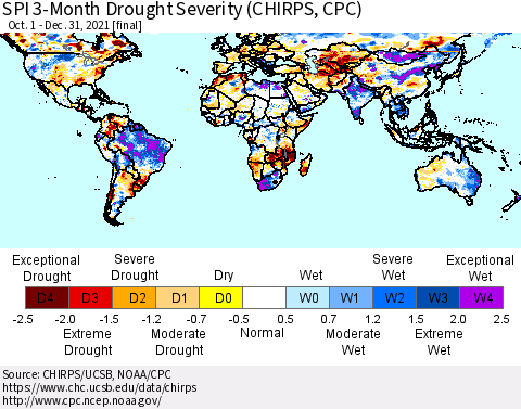 World SPI 3-Month Drought Severity (CHIRPS) Thematic Map For 10/1/2021 - 12/31/2021