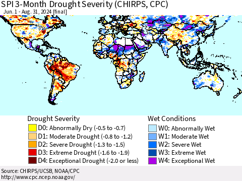 World SPI 3-Month Drought Severity (CHIRPS) Thematic Map For 6/1/2024 - 8/31/2024