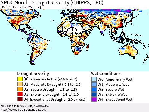 World SPI 3-Month Drought Severity (CHIRPS) Thematic Map For 12/1/2024 - 2/28/2025