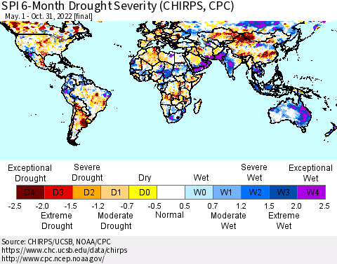 World SPI 6-Month Drought Severity (CHIRPS) Thematic Map For 5/1/2022 - 10/31/2022