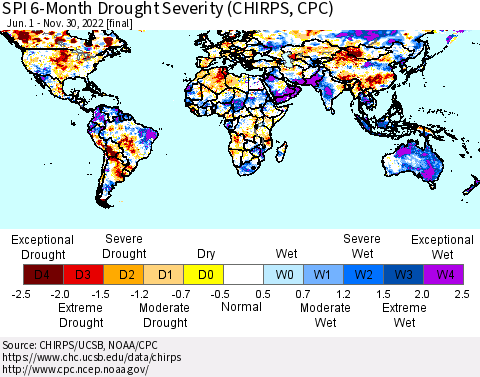 World SPI 6-Month Drought Severity (CHIRPS) Thematic Map For 6/1/2022 - 11/30/2022