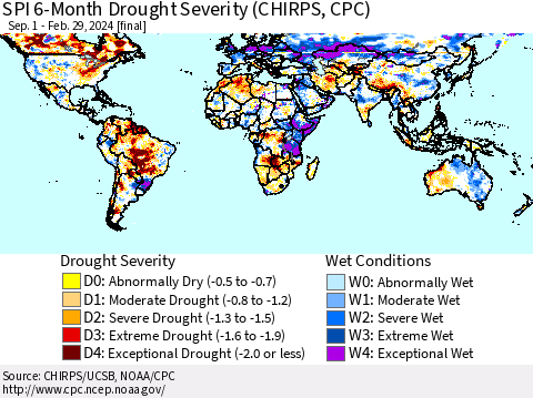 World SPI 6-Month Drought Severity (CHIRPS) Thematic Map For 9/1/2023 - 2/29/2024