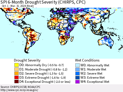 World SPI 6-Month Drought Severity (CHIRPS) Thematic Map For 10/1/2023 - 3/31/2024