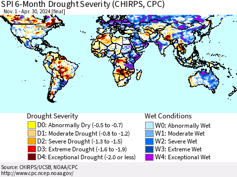 World SPI 6-Month Drought Severity (CHIRPS) Thematic Map For 11/1/2023 - 4/30/2024