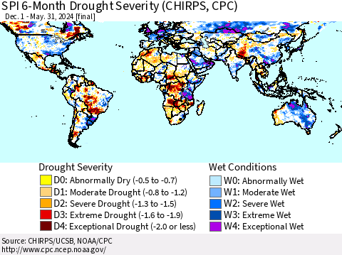 World SPI 6-Month Drought Severity (CHIRPS) Thematic Map For 12/1/2023 - 5/31/2024